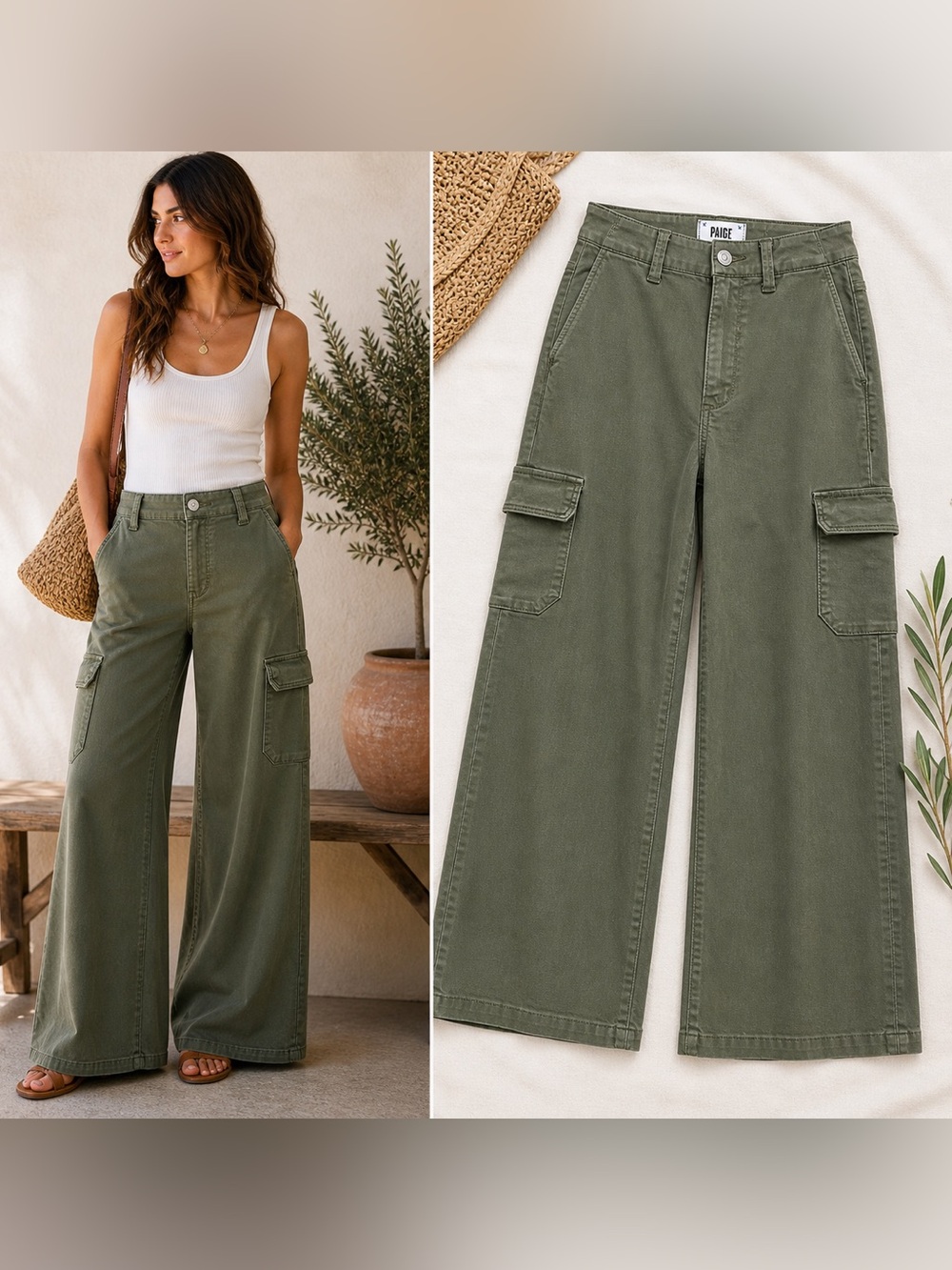 PAIGE Olive Green Wide Leg Cargo Jeans